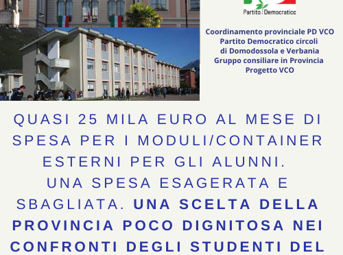 Quasi 25 mila euro al mese di spesa per i moduli/container esterni per gli alunni. Una spesa esagerata e sbagliata e una scelta della Provincia poco dignitosa nei confronti degli studenti del Cobianchi e dello Spezia. Pizzi è d’accordo?